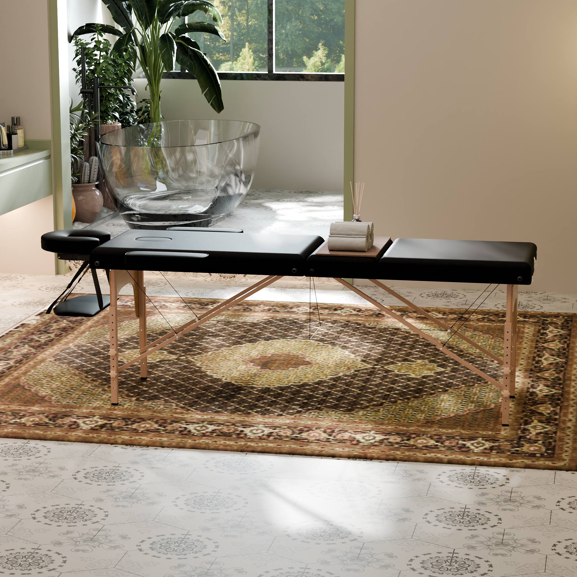 Alt View 2. Famapy - Foldable Portable Massage Table with Adjustable Headrest & Backrest, Sturdy 550 lbs Support, Space-Saving Design - Black & Wooden.