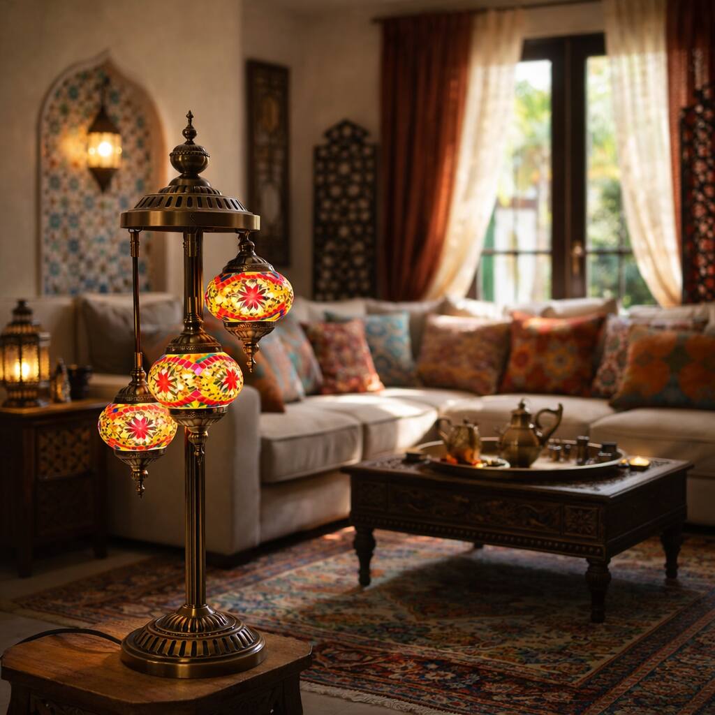 Photos - Desk Lamp Bronze Gym FC Design - 29"H Bronze Stand Yellow/Red Mosaic Triple Globe Turkish Lamp DG-YMA41603-H 