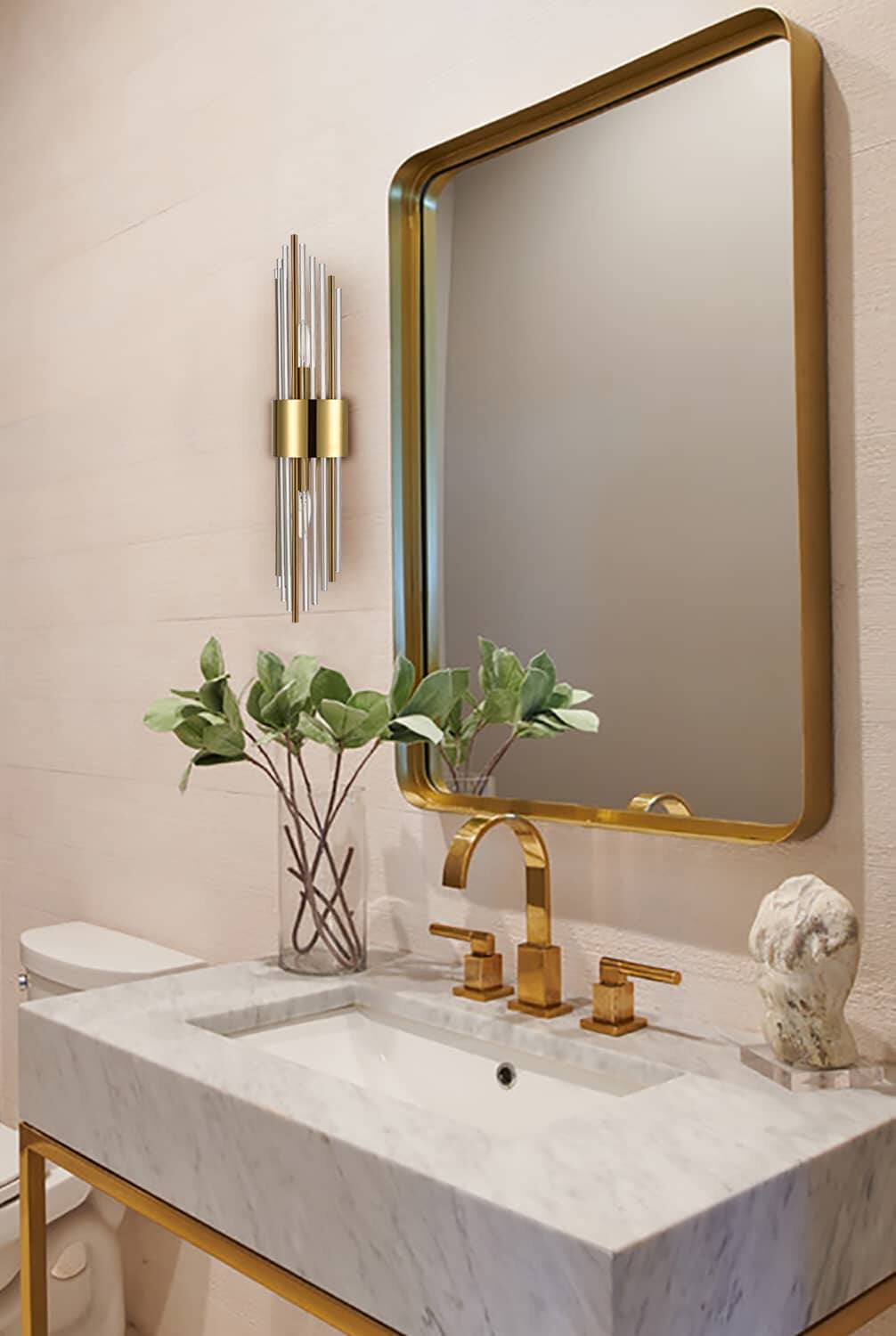 Back. MOOSE - Modern Gold Metal Wall Sconce with Beautiful Crystal Clear Glass Rods for Bathroom Set of 2 - Gold.