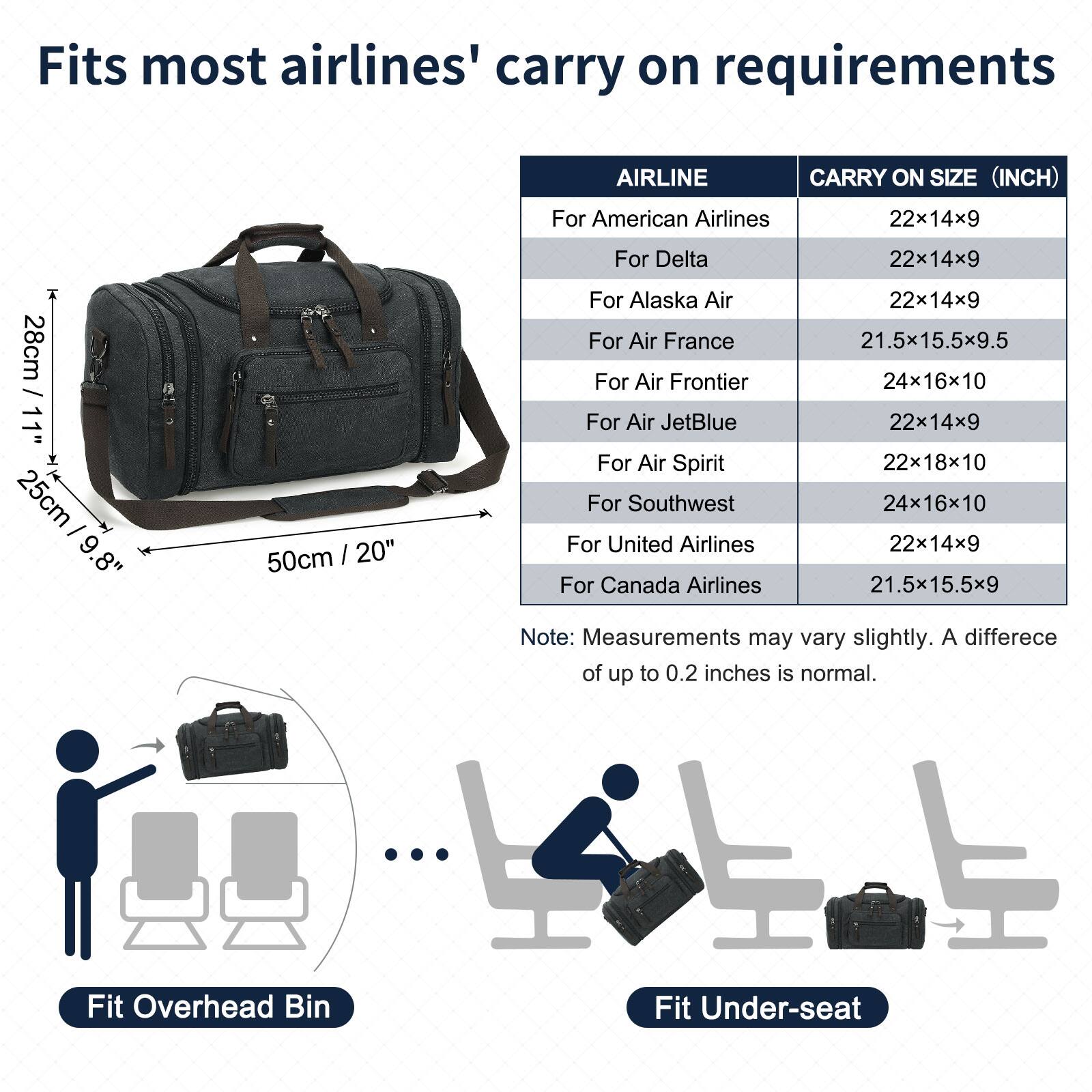 Fits most airlines' carry on requirements

AIRLINE | CARRY ON SIZE (INCH)

For American Airlines | 22x14x9  
For Delta | 22x14x9  
For Alaska Air | 22x14x9  
For Air France | 21.5x15.5x9.5  
For Air Frontier | 24x16x10  
For Air JetBlue | 22x14x9  
For Air Spirit | 22x18x10  
For Southwest | 24x16x10  
For United Airlines | 22x14x9  
For Canada Airlines | 21.5x15.5x9  

Note: Measurements may vary slightly. A difference of up to 0.2 inches is normal.

Fit Overhead Bin  
Fit Under-seat