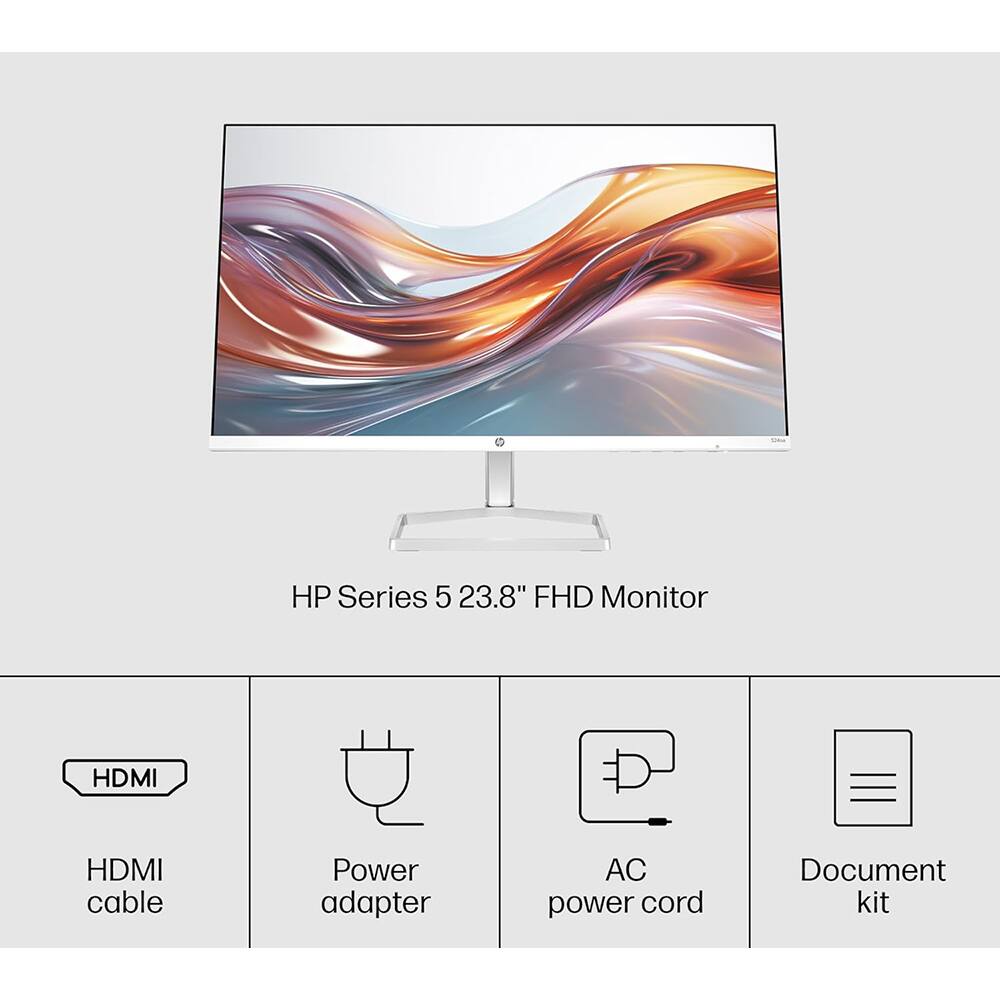 HP Series 5 23.8" FHD Monitor

- HDMI cable
- Power adapter
- AC power cord
- Document kit