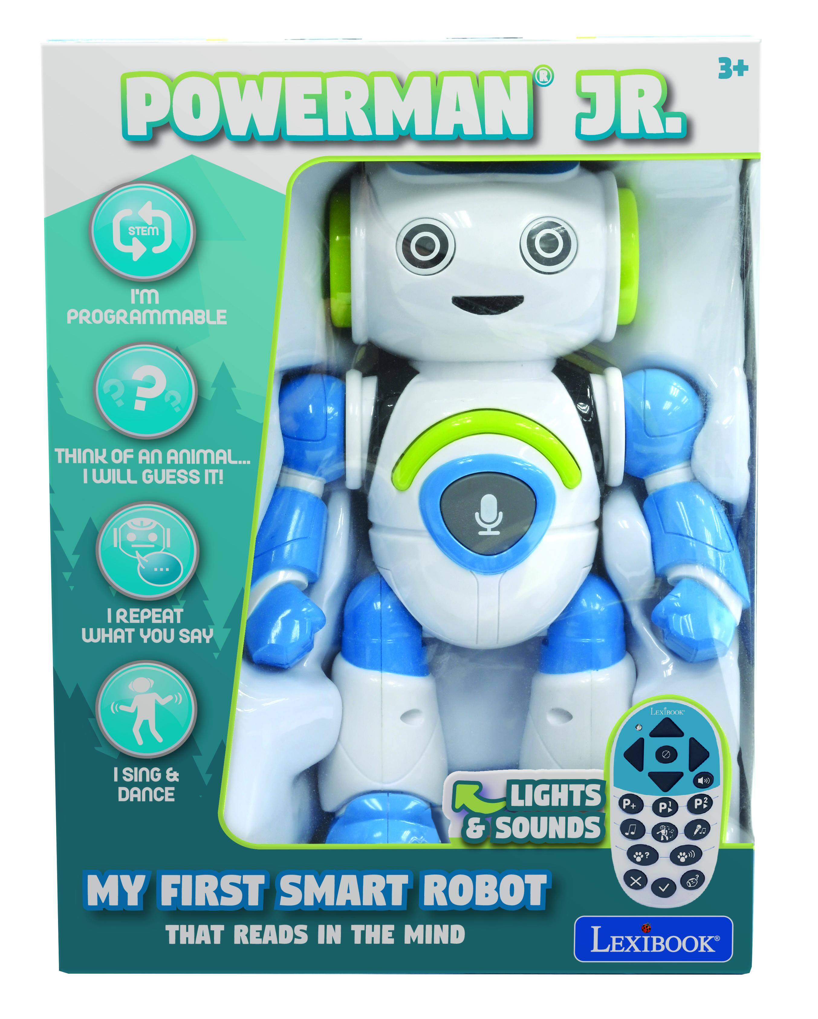 3+ POWERMAN JR. STEM I'm PROGRAMMABLE ? ? ? THINK OF AN ANIMAL... I WILL GUESS IT! I REPEAT WHAT YOU SAY LEXIBOOK I SING & DANCE LIGHTS & SOUNDS MY FIRST SMART ROBOT THAT READS IN THE MIND LEXIBOOK