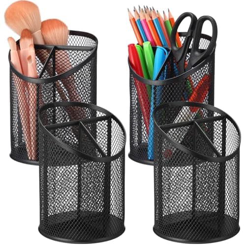 Vulpecula Spade - 4 Pack Mesh Pencil Holder Metal Pen Cup for Desk Round Pen Holder with 3 Compartments Desktop Pencil Organizer for