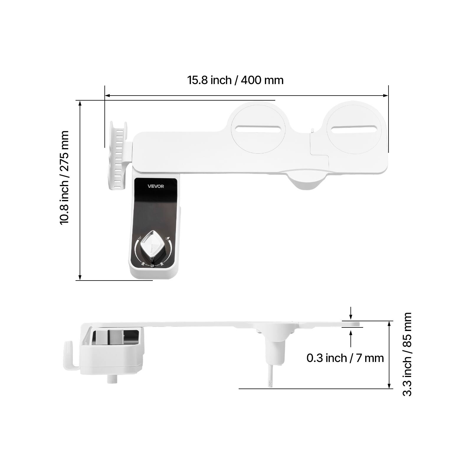 15.8 inch / 400 mm, 10.8 inch / 275 mm, 0.3 inch / 7 mm, 3.3 inch / 85 mm