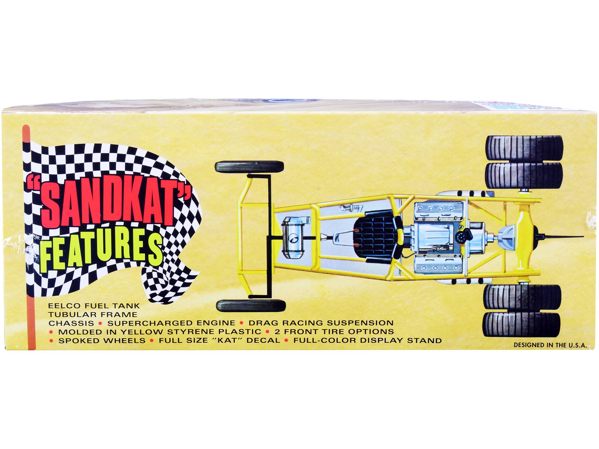 "SANDKAT" FEATURES EELCO FUEL TANK TUBULAR FRAME CHASSIS SUPERCHARGED ENGINE DRAG RACING SUSPENSION MOLDED IN YELLOW STYRENE PLASTIC 2 FRONT TIRE OPTIONS SPOKED WHEELS FULL SIZE "T" DECAL FULL-COLOR DISPLAY STAND DESIGNED IN THE U.S.A.