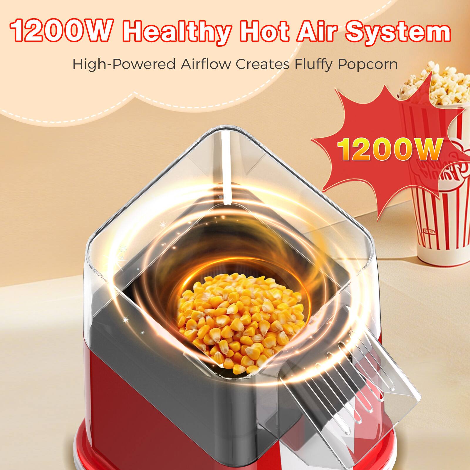 1200W Healthy Hot Air System  
High-Powered Airflow Creates Fluffy Popcorn  
1200W
