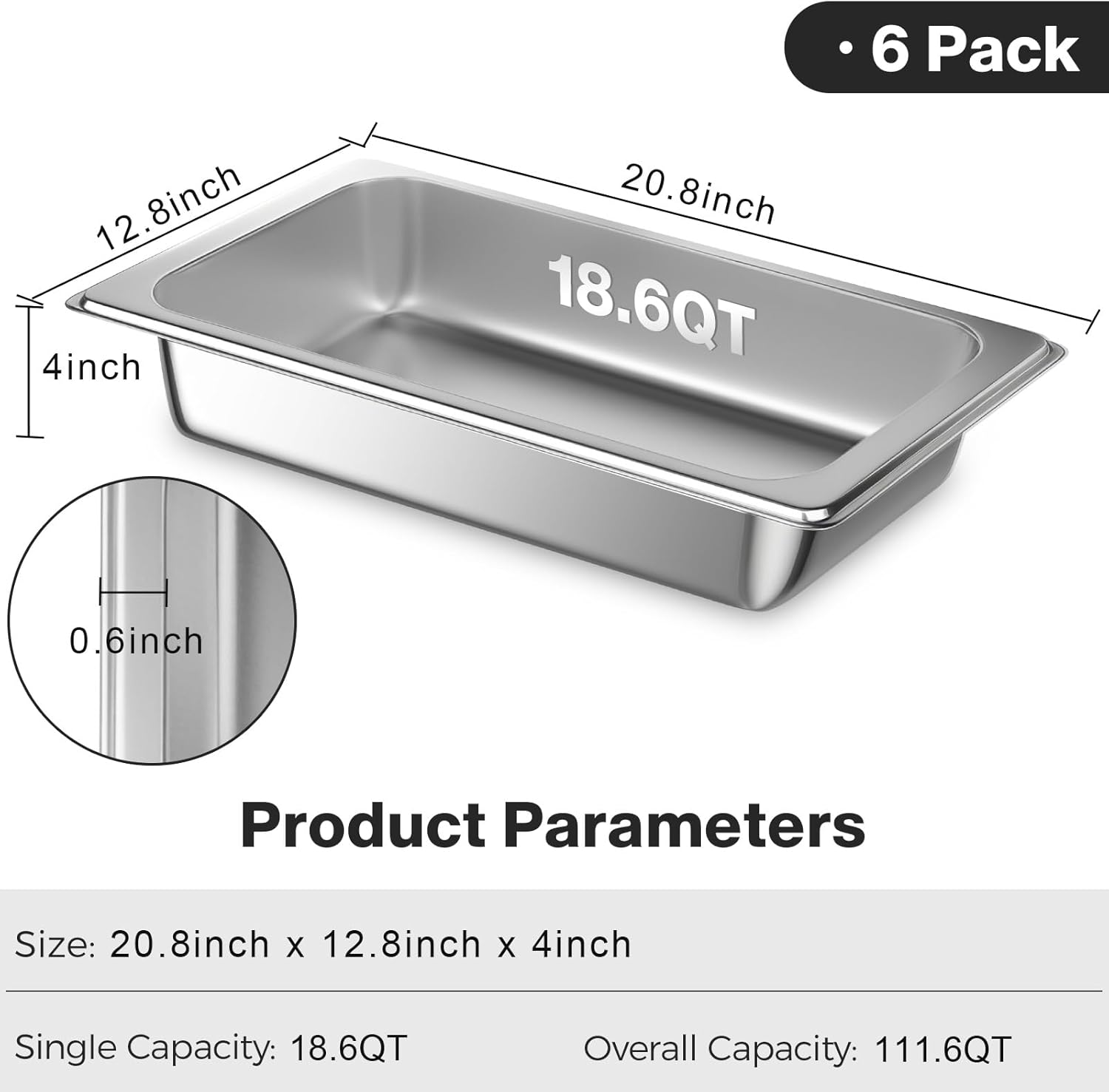 6 Pack

Product Parameters

Size: 20.8inch x 12.8inch x 4inch

Single Capacity: 18.6QT

Overall Capacity: 111.6QT