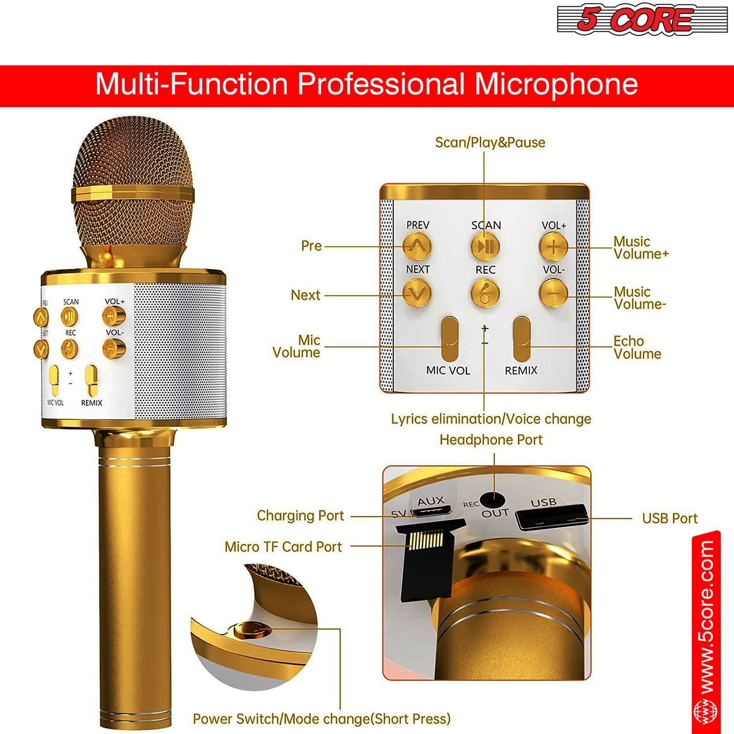5 CORE Multi-Function Professional Microphone

Scan/Play & Pause

- SCAN
- VOL+
- VOL-
- Music Volume+
- Music Volume-
- E
- REC
- VOL Mic Volume
- MIC VOL
- REMIX
- Echo Volume
- RCVOL
- REMIK
- Lyrics elimination/Voice change
- Headphone Port
- AUX
- REC
- Charging Port
- SV OUT
- Micro TF Card Port
- Power Switch/Mode change (Short Press)
- USB Port

www.5core.com