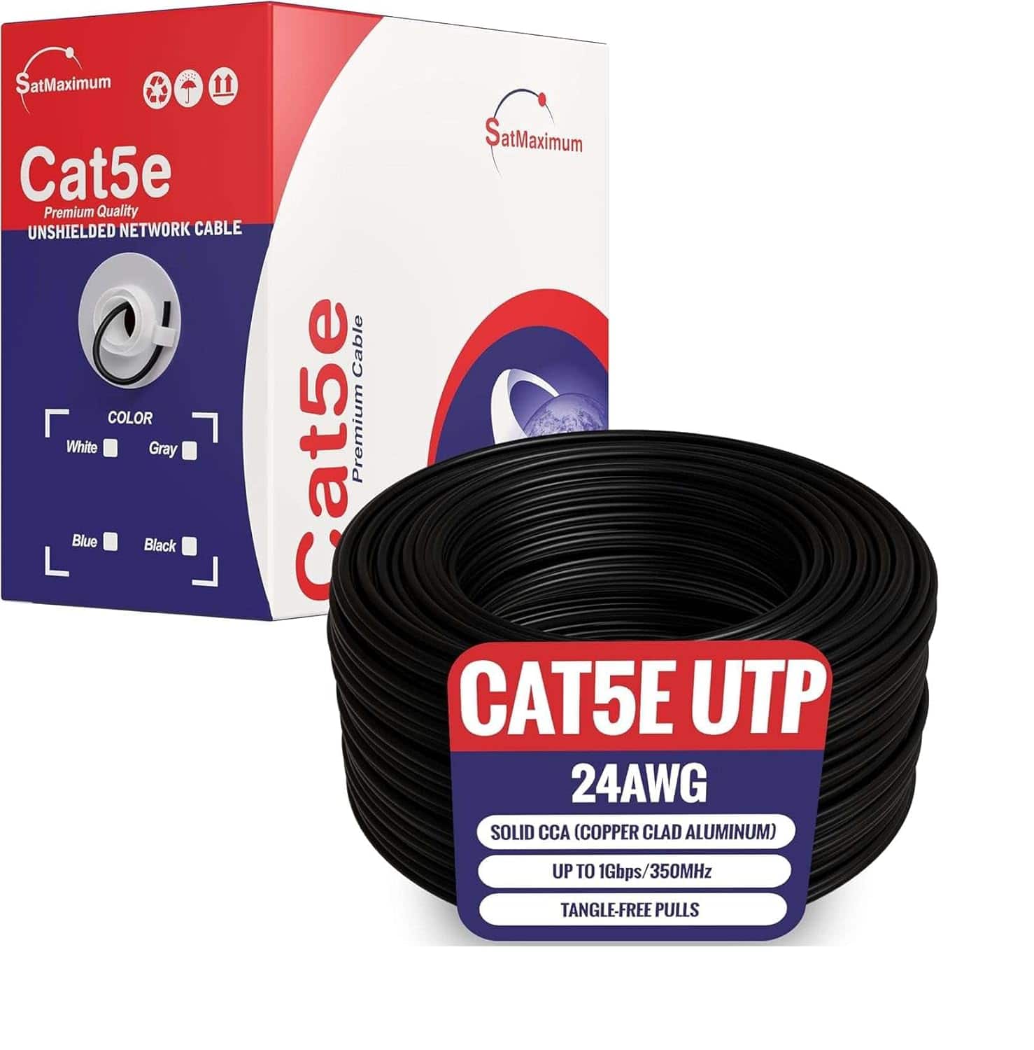Cables Direct Online - 500ft Cat5e Solid 24AWG Cable UTP Cat5 Bulk Pull Box Network Copper Clad Aluminum LAN Wire, Unshielded, Black