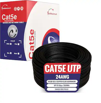 SatMaximum Cat5e Premium Quality UNSHIELDED NETWORK CABLE COLOR White Gray Blue Black Cable Cat5e Premium SatMaximum CAT5E UTP 24AWG SOLID CCA (COPPER CLAD ALUMINUM) UP TO 1Gbps/350MHz TANGLE-FREE PULLS