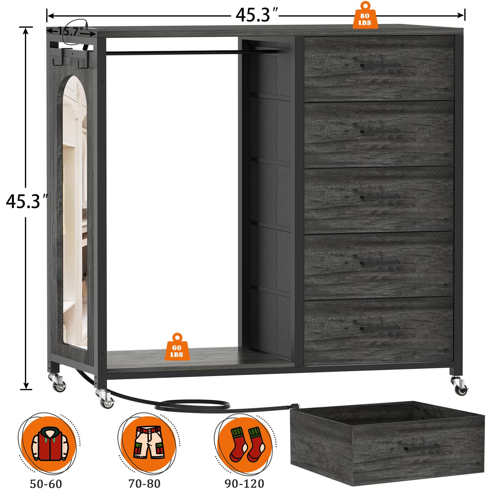 45.3" 80 LBS  
45.3" 60 LBS  
50-60  
70-80  
90-120