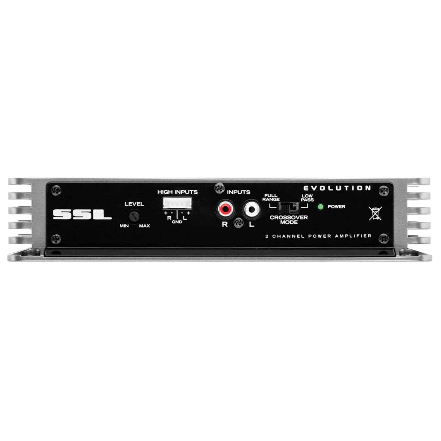HIGH INPUTS  
LEVEL  
MIN MAX  
GND  
R L  

EVOLUTION  
INPUTS  
FULL RANGE  
LOW PASS  
CROSSOVER  
POWER  
MODE  

2 CHANNEL POWER AMPLIFIER