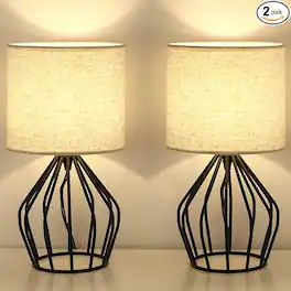 Oumilen - Modern Farmhouse Lamps Set of 2 - Black Metal Table Lamps with Linen Shade for Bedroom Living Room