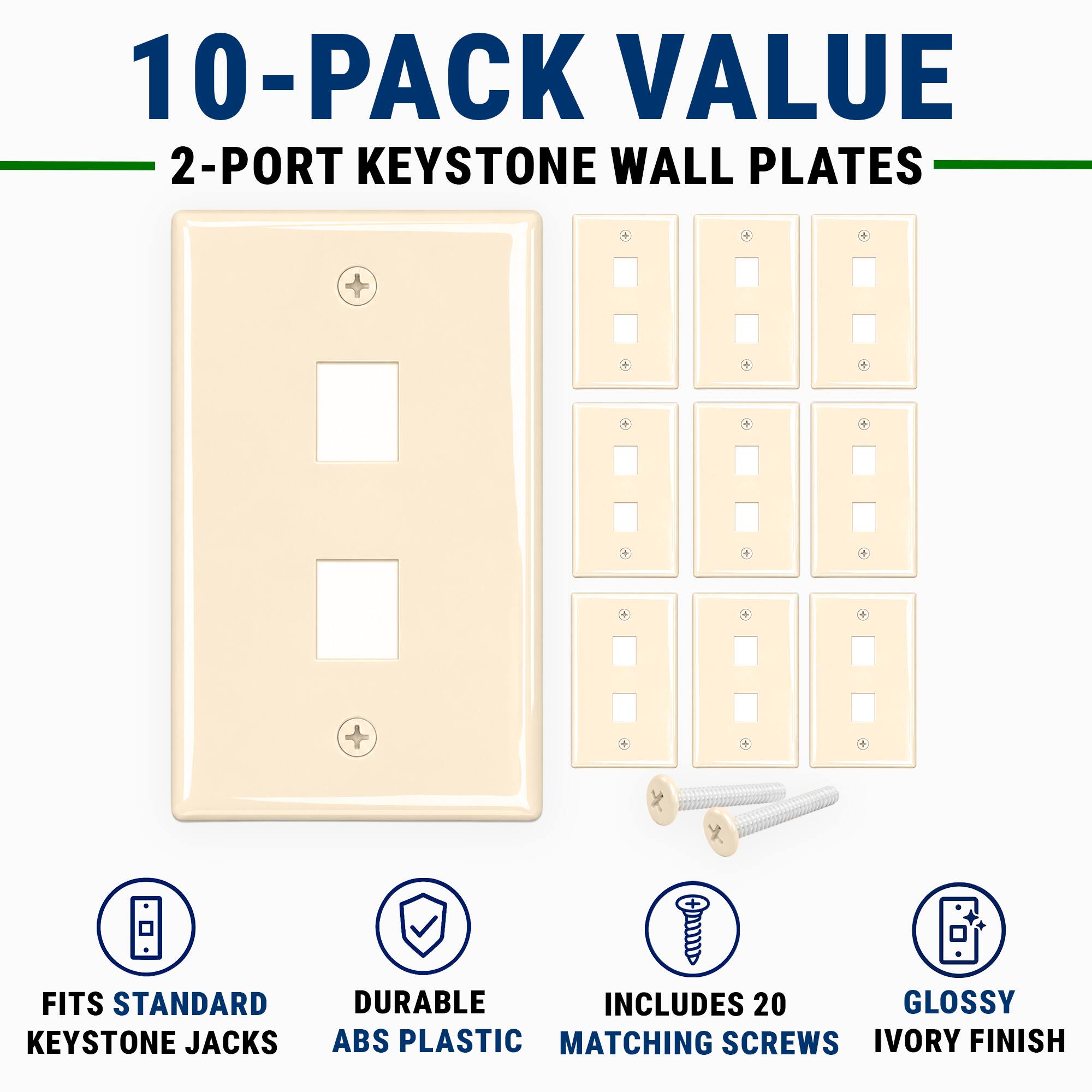10-Pack Value 2-Port Keystone Wall Plates - Fits Standard Keystone Jacks, Durable, Includes 20 Matching Screws, Glossy Ivory Finish