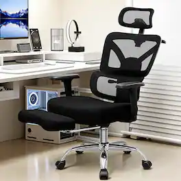 KERDOM - High Back Mesh Ergonomic Office Chair with Footrest, Adjustable Lumbar Support, 3D Headrest and Armrest, Computer Chair - Black with Footrest