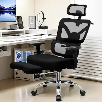 Front. KERDOM - High Back Mesh Ergonomic Office Chair with Footrest, Adjustable Lumbar Support, 3D Headrest and Armrest, Computer Chair - Black with Footrest.