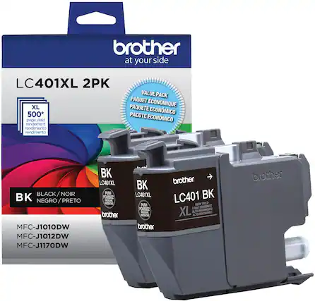 brother at your side
LC401XL 2PK
XL 500* page yield rendement rendimiento rendimento VALUE PACK PAQUET ECONOMIQUE PAQUETE ECONOMICO PACOTE ECONOMICO BLACK/NOIR NOIR BK EGRO/PRETO
MFC-J1010DW MFC-J1012DW MFC-J1170DW
BK LC401XL PUSH POUSSEZ MO PRESSONE brother
LC401 BK HIGH YIELD N HALT RENCCMENT XL .79 RENDMIENTO ALTO RENDMMENTO
*page yield is approximate and depends on the content of the printed page