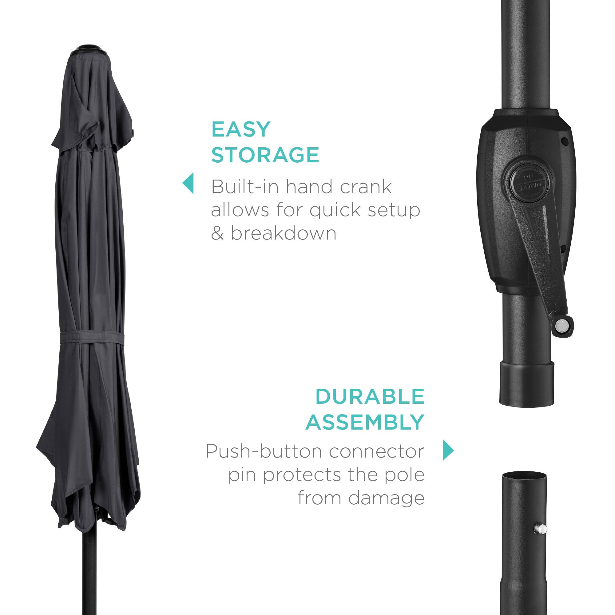 EASY STORAGE  
Built-in hand crank allows for quick setup & breakdown  

DURABLE ASSEMBLY  
Push-button connector pin protects the pole from damage