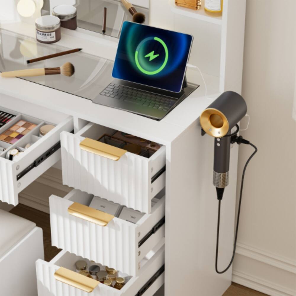 Alt View 2. LUCKY ONE - Vanity Set with 10-Light LED Mirror, Charging Station, 5 Drawers, Storage Stool and Transparent Top - White.