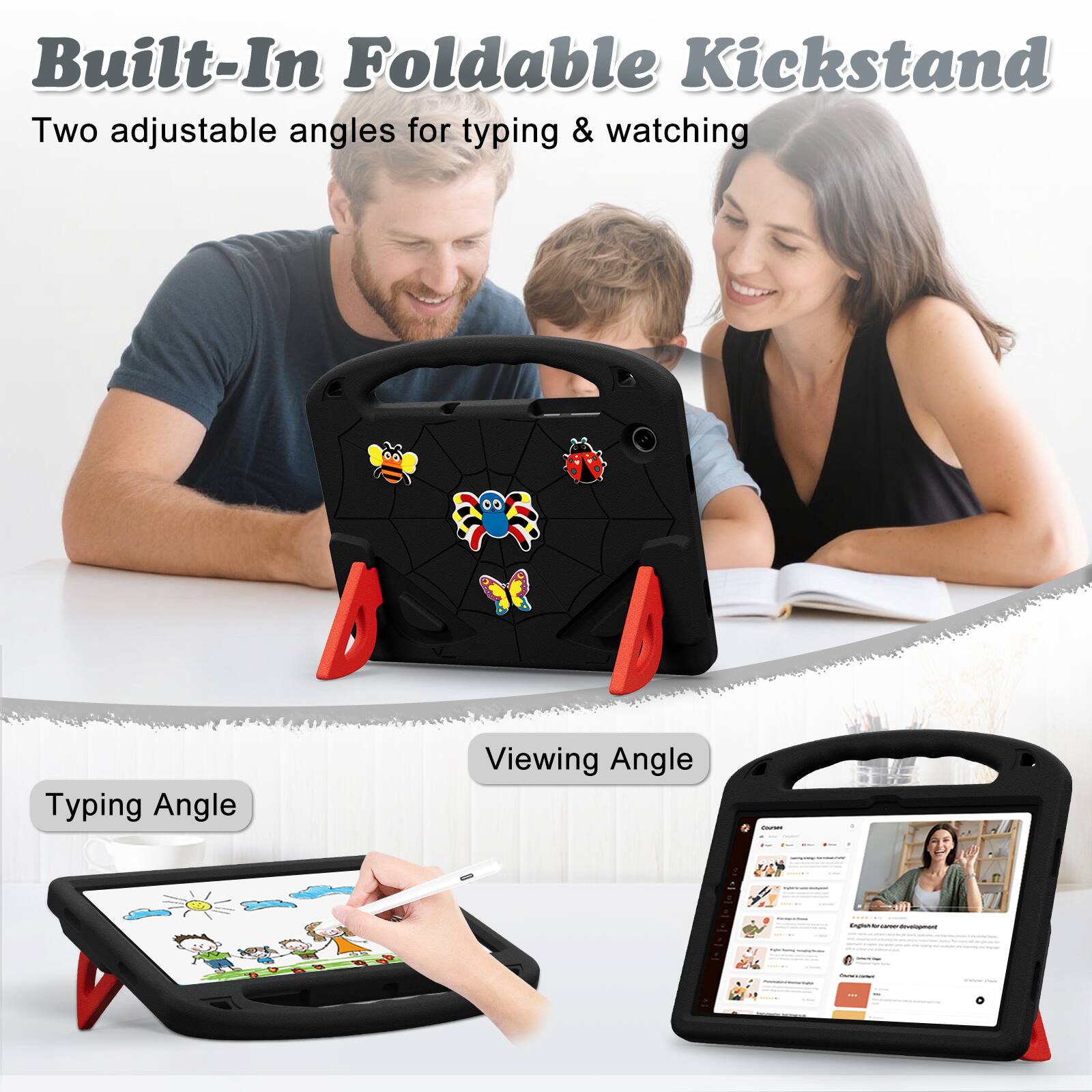Built-In Foldable Kickstand  
Two adjustable angles for typing & watching  

Typing Angle  
Viewing Angle  

English by carbor development  

CONNELTURES - INGREDIENTS: Perchics/Views.com  

Calories