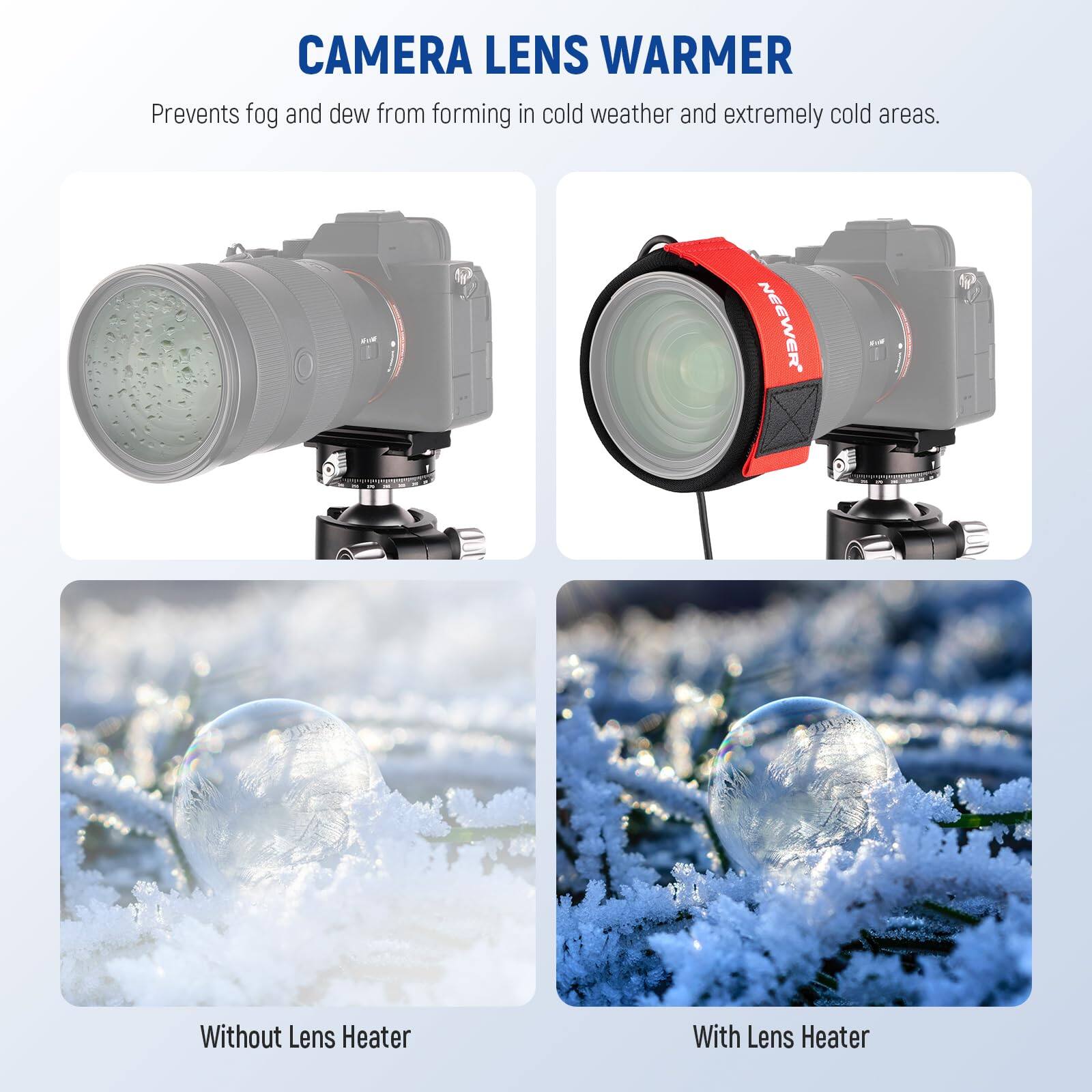 CAMERA LENS WARMER  
Prevents fog and dew from forming in cold weather and extremely cold areas.

Without Lens Heater  
With Lens Heater