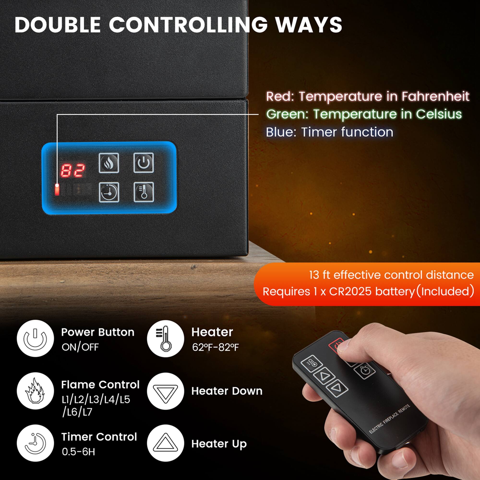 **DOUBLE CONTROLLING WAYS**
- Red: Temperature in Fahrenheit
- Green: Temperature in Celsius
- Blue: Timer function
**82**
**13 ft effective control distance**
**Requires 1 x CR2025 battery (Included)**
**Power Button**
ON/OFF
**Flame Control**
L1/L2/L3/L4/L5 /L6/L7
**Timer Control**
0.5-6H
**Heater**
62°F-82°F
**Heater Down**
**Heater Up**
**ELECTRIC FIREPLACE REMOTE**