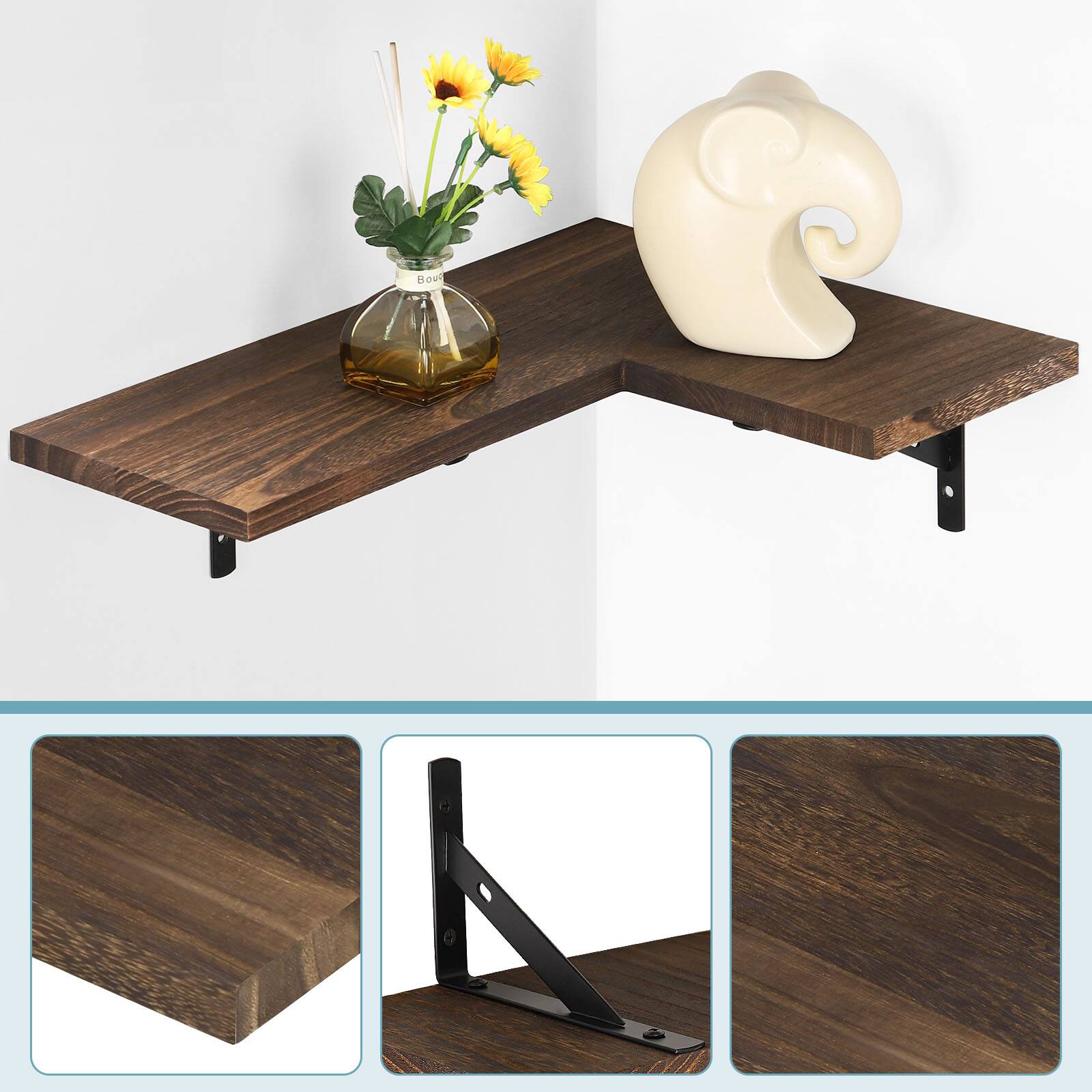 Left. Oumilen - Set of 4 L-Shaped Burnt Wood Corner Floating Shelves with Black Brackets - Brown.