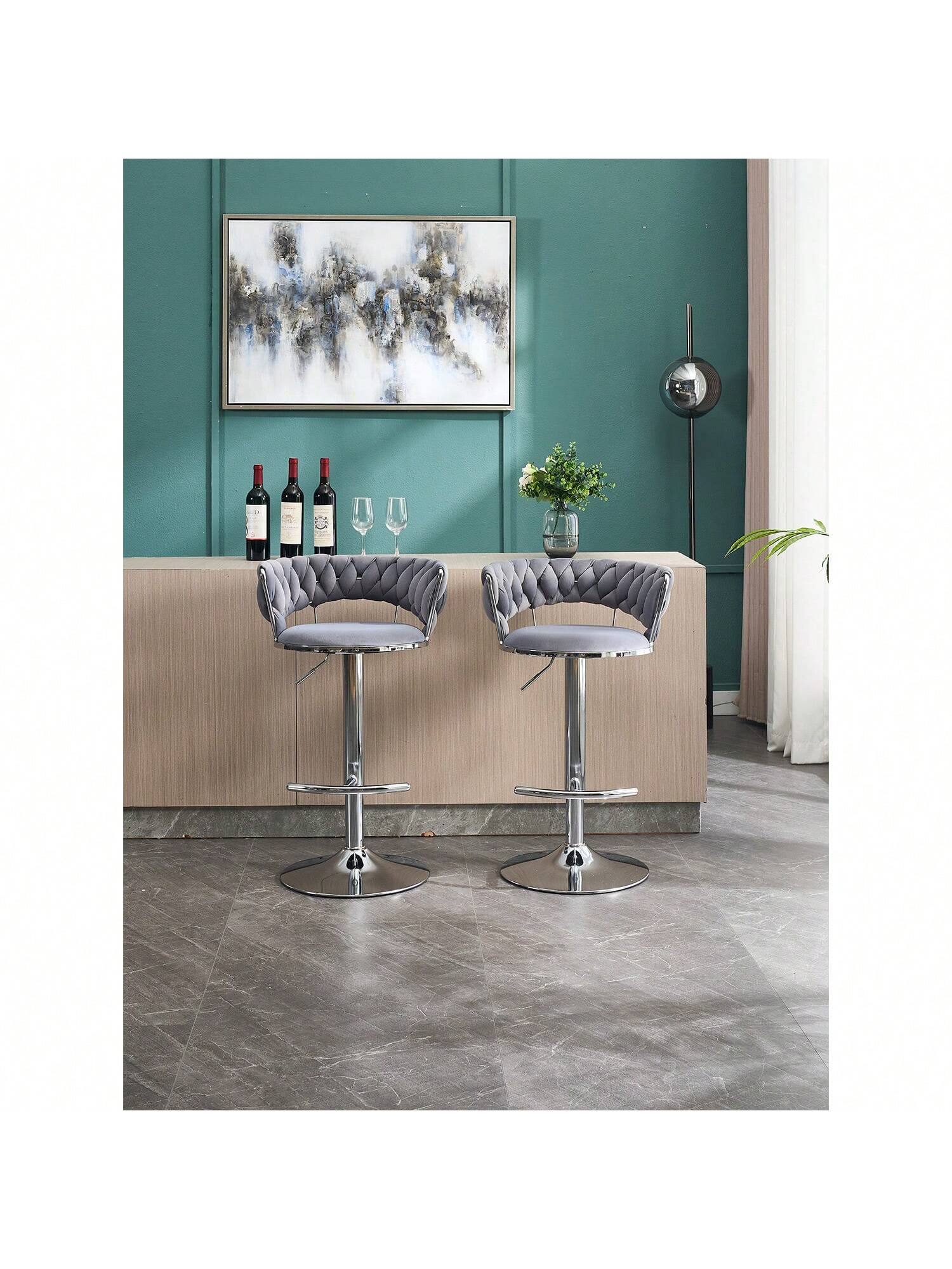 Left. Trinkets Crazed - Velvet Bar Stools Set Of 2, Modern Swivel Barstools With Woven Backrest, Adjustable Counter Stools - Gray.