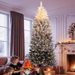 Maxxis Merch - 7.5FT Pre-Lit Pencil Christmas Tree, Black Gradient Snow Flocked with 100 LED Lights & 320 Branch Tips - White & Black