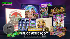 **Teenage Mutant Ninja Turtles: Splintered Fate**
- **Collector's Edition**
- **Pipin' Hot Collector's Edition**
- **Junkyard Jamfest**
- **Release Date: December 5th**
- **Platforms: PS5, PS4, Xbox Series X, Xbox One, Switch**
- **Developed and published by Super Evil Megacorp.**
- **Viacom Overseas Holdings C.V. All Rights Reserved.**
- **Items Design Not Final**
- **Artwork and Sketches:**
- **Teenage Mutant Ninja Turtles**
- **Splintered Fate**
- **Junkyard Jamfest**
- **Collector's Edition Inclusions:**
- **Metal Coin**
- **Dice**
- **Art Cards**
- **PS5, PS4, Xbox Series X, Xbox One, Switch Logos**
- **Rating: ESRB (E for Everyone)**
