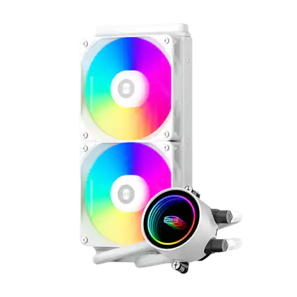 Front. PCCOOLER - DA240 ARGB AIO CPU Liquid Cooler, 240mm Radiator, 260W TDP, Infinity Halo ARGB Effect, 3000RPM Pump Speed - White.
