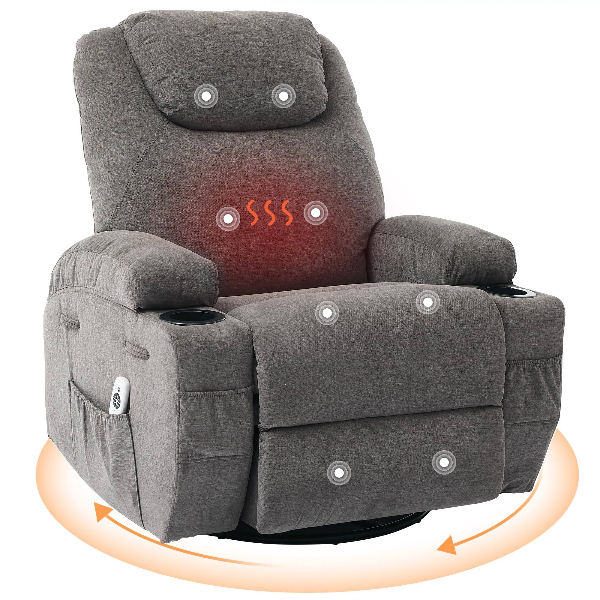 Alt View 4. Acekool - Recliner Chair with Massage & Heat, 360° Swivel Manual Recliner with Cup Holders, Side Pocket - Gray.