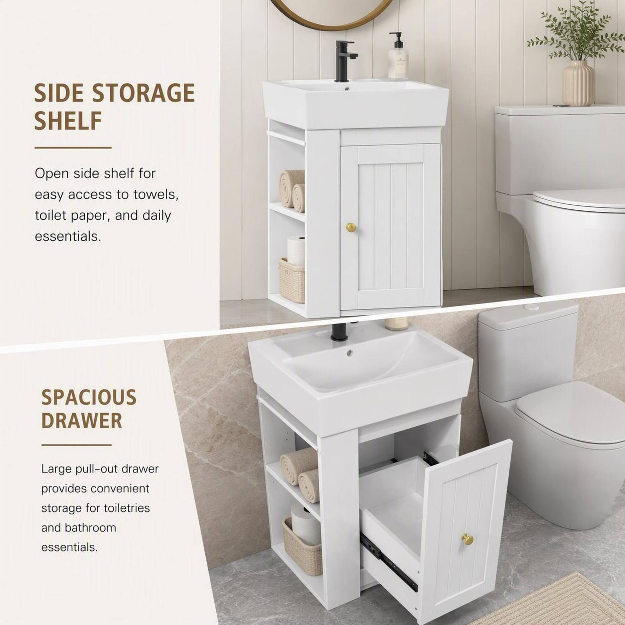 RYHNUYNE 20 Inch Bathroom Vanity with Ceramic Sink, Drawer and Side ...