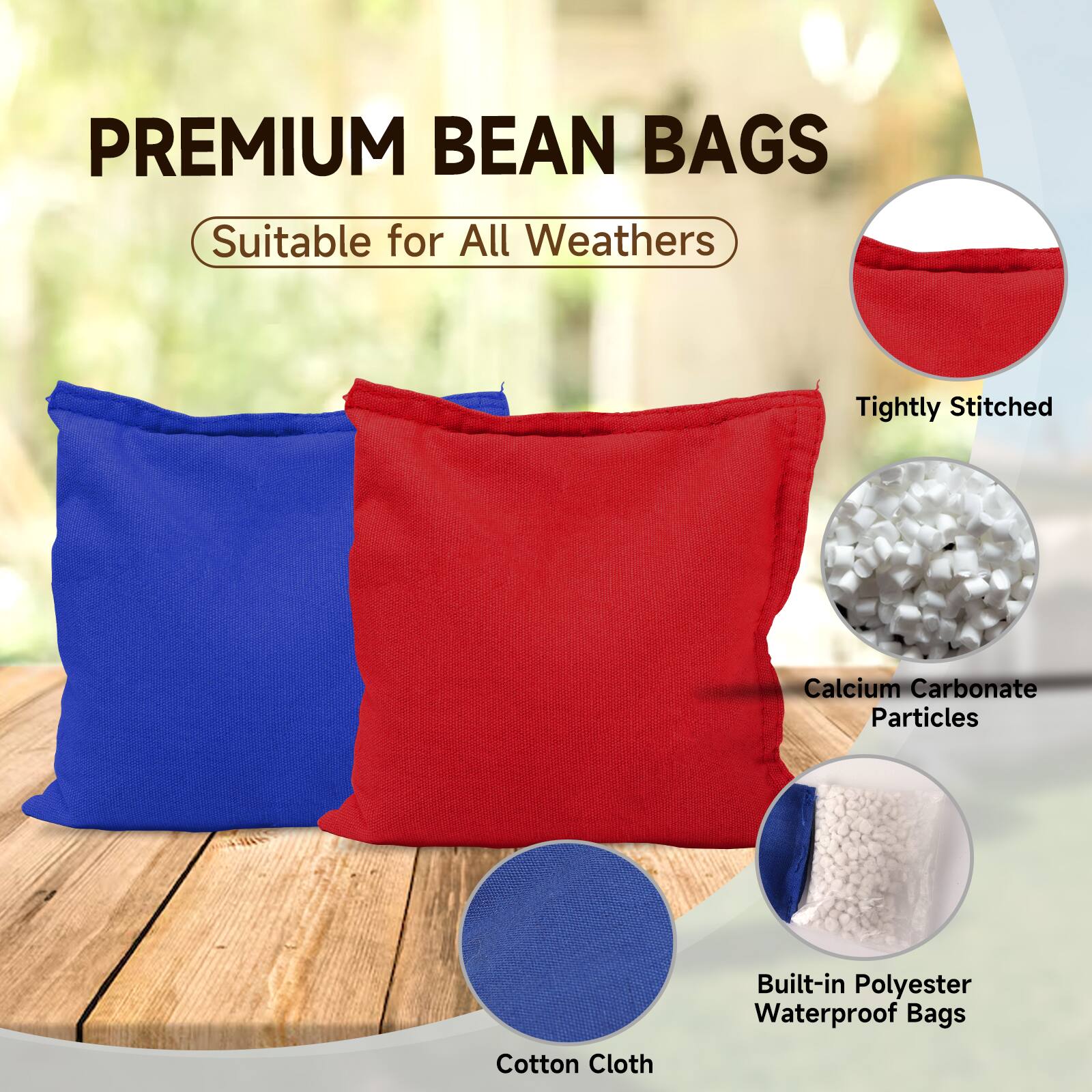 PREMIUM BEAN BAGS

Suitable for All Weathers

- Tightly Stitched
- Calcium Carbonate Particles
- Built-in Polyester Waterproof Bags
- Cotton Cloth