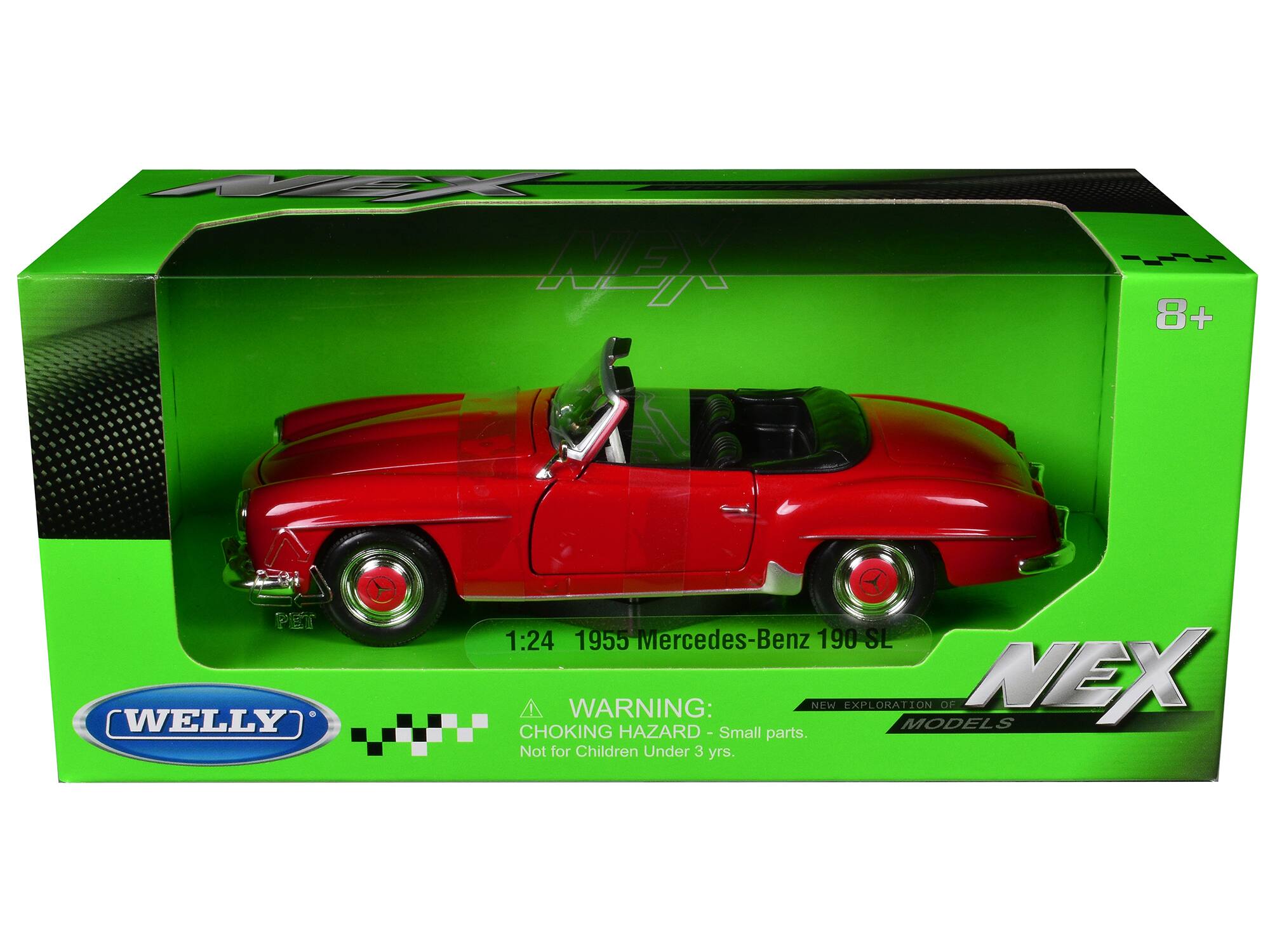NEX  
8+  
PET  
1:24  
1955 Mercedes-Benz 190 SL  

WARNING:  
CHOKING HAZARD - Small parts.  
Not for Children Under 3 yrs.  

WELLY  
EXPLORATION OF MODELS