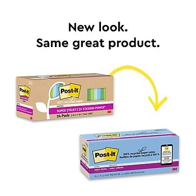 New look. Same great product.

Post-it
100% recycled paper
SUPER STICKING POWER*
24 Pods 1310m²

Post-it
100% de papier recyclé
SUPER STICKING POWER*
24 feuilles notes 1310m²