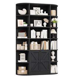 Babevy - 75" Tall 6-Tier Bookcase with Storage Cabinet and Doors, Modern Wide Wooden Standing Display Shelf - Black