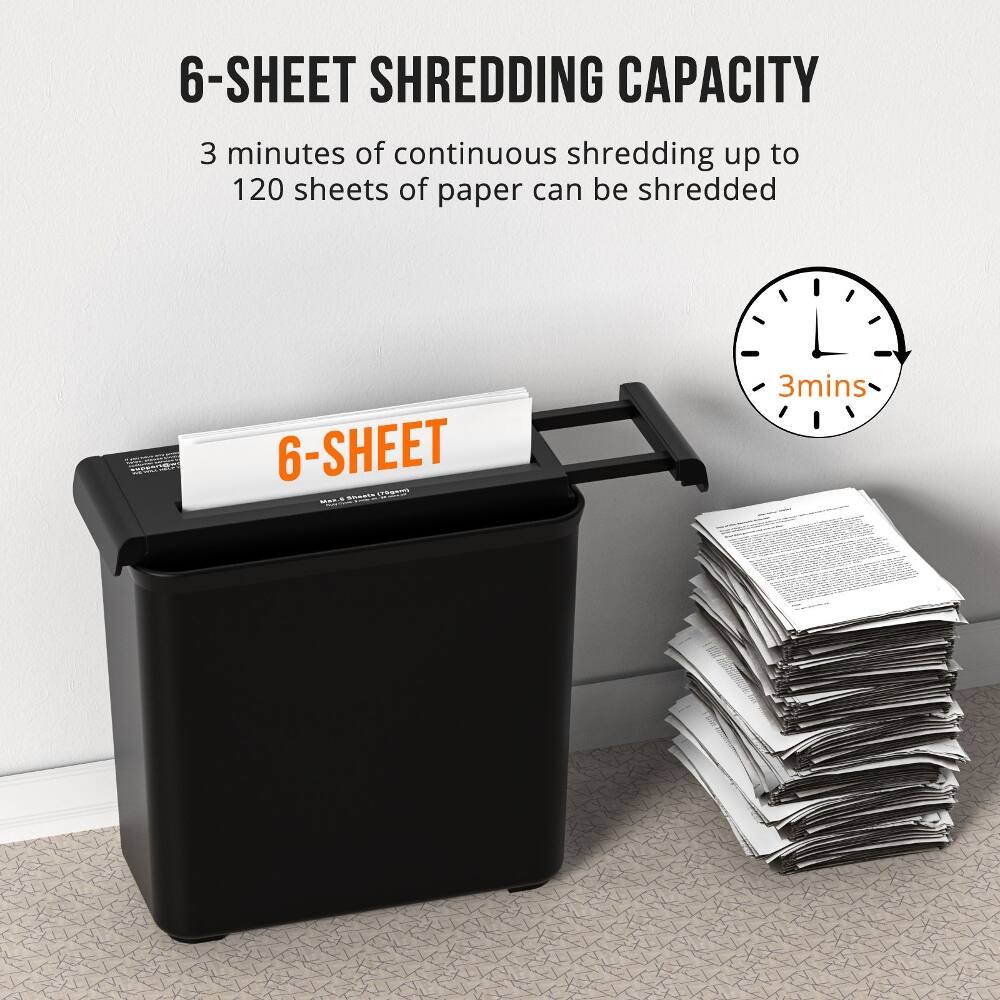 6-SHEET SHREDDING CAPACITY

3 minutes of continuous shredding up to 120 sheets of paper can be shredded

6-SHEET

3mins