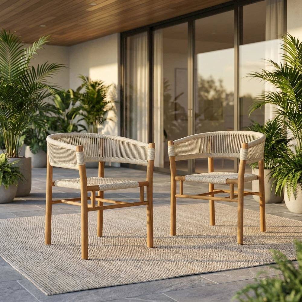 Angle. Outdoor Escape - Outdoor Patio Teak, Curved-Back Dining Armchairs Set Of 2, Armrests, Stackable - Brown.
