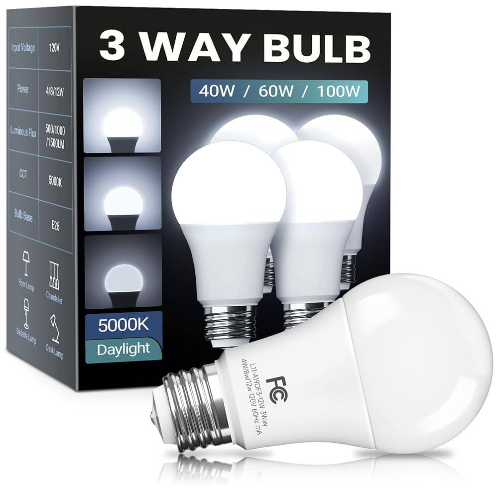 out Voltage 120V Power 4/8/12W  
3 WAY BULB 40W / 60W / 100W  
Luminous Flux 500/1000 1500LM  
CCT 5000K  
Bulb Base E26  
Floor Lamp Chandelier  
5000K Daylight  
4W/8W/12W 120V L11-A19DF3-12W F3-12W FC 60Hz 3Way