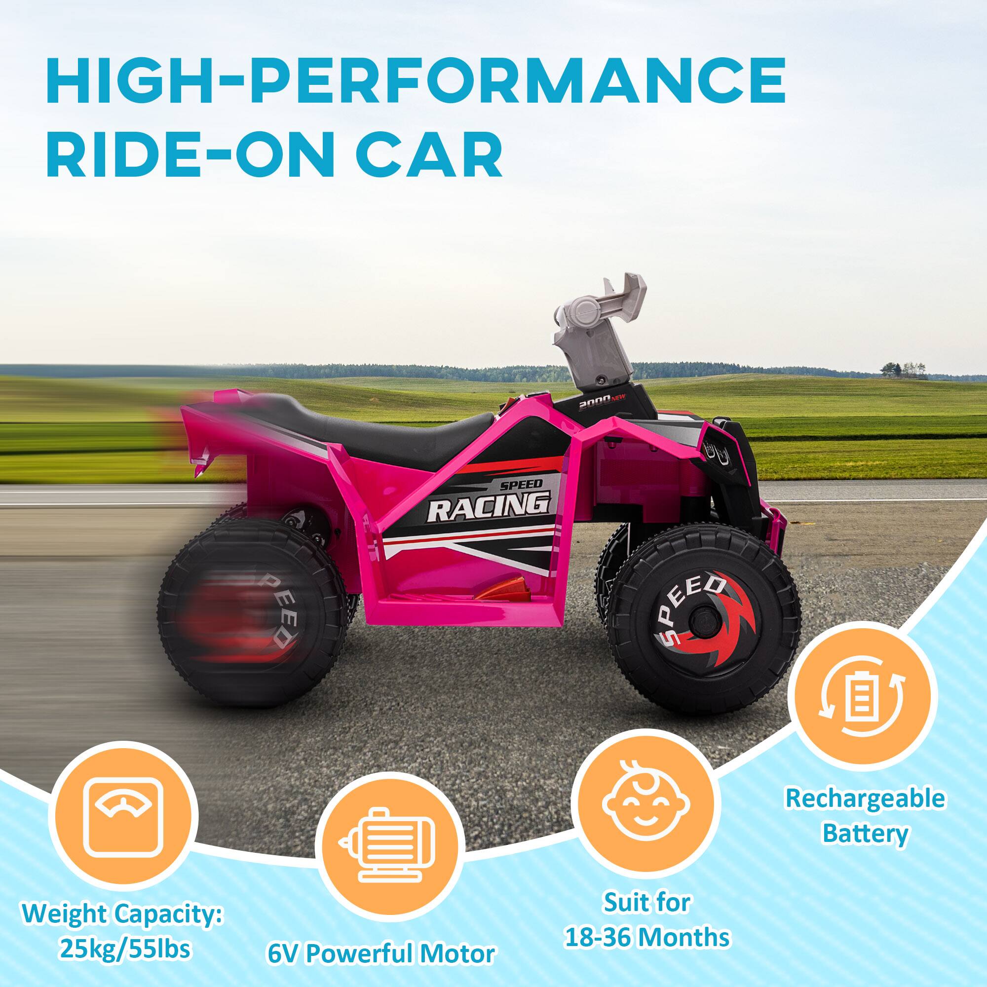 HIGH-PERFORMANCE RIDE-ON CAR

- Weight Capacity: 25kg/55lbs
- 6V Powerful Motor
- Rechargeable Battery
- Suit for 18-36 Months