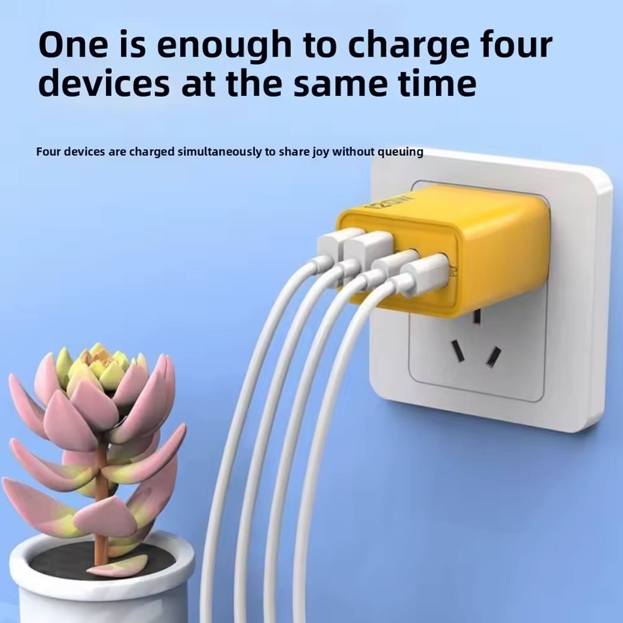 One is enough to charge four devices at the same time

Four devices are charged simultaneously to share joy without queuing