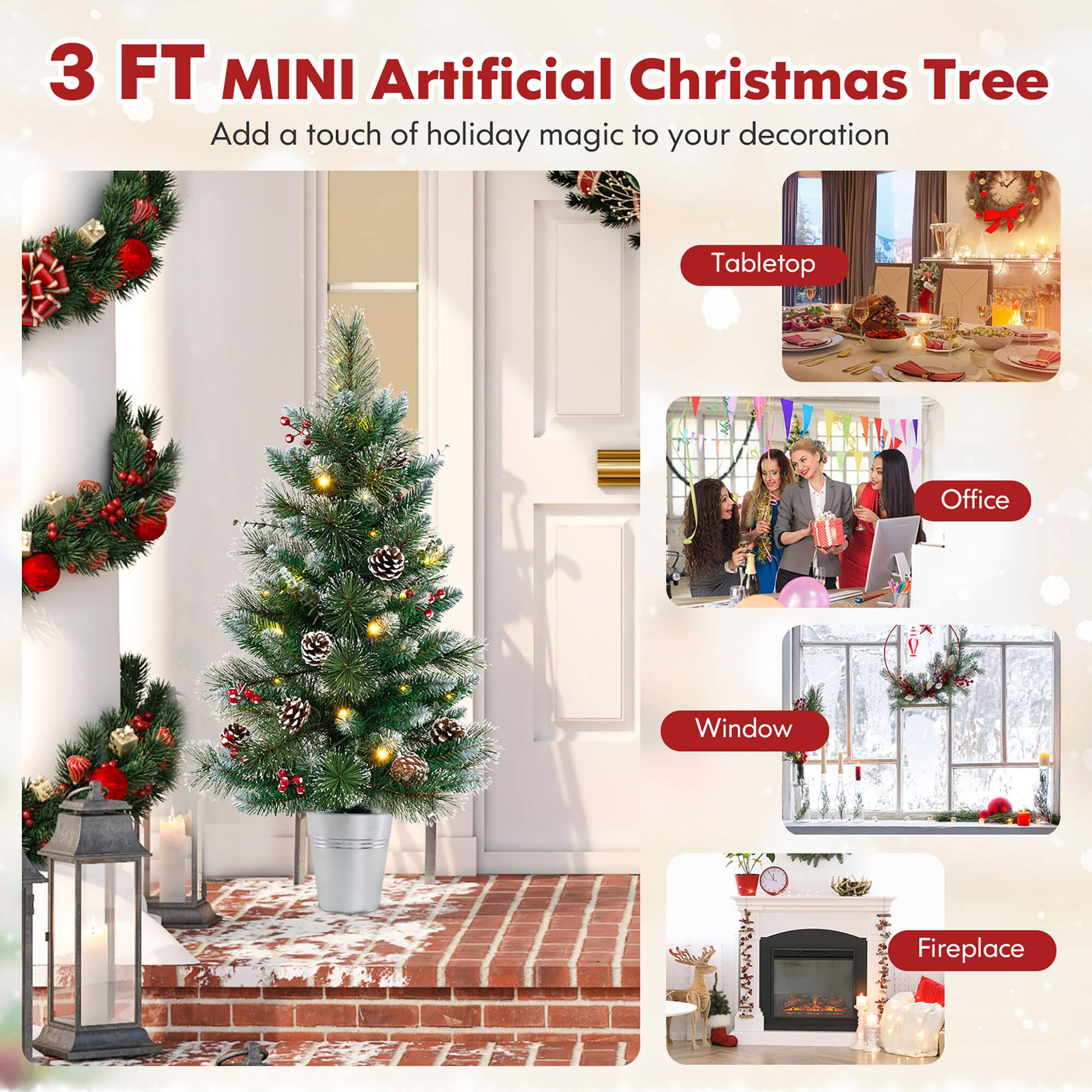 3 FT MINI Artificial Christmas Tree  
Add a touch of holiday magic to your decoration  

Tabletop  
Office  
Window  
Fireplace