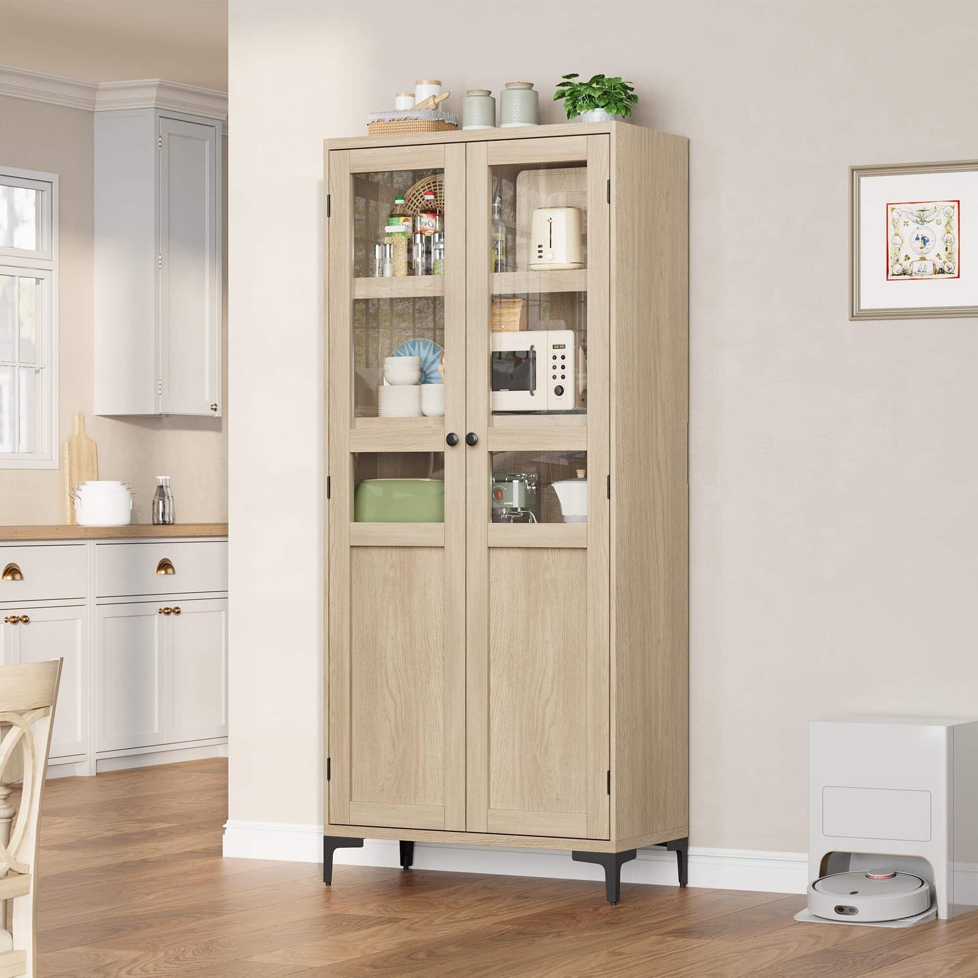 Acekool - Tall Storage Cabinet,2 Glass Doors, Kitchen Pantry 5 Tier Bathroom Cabinet - Yellow