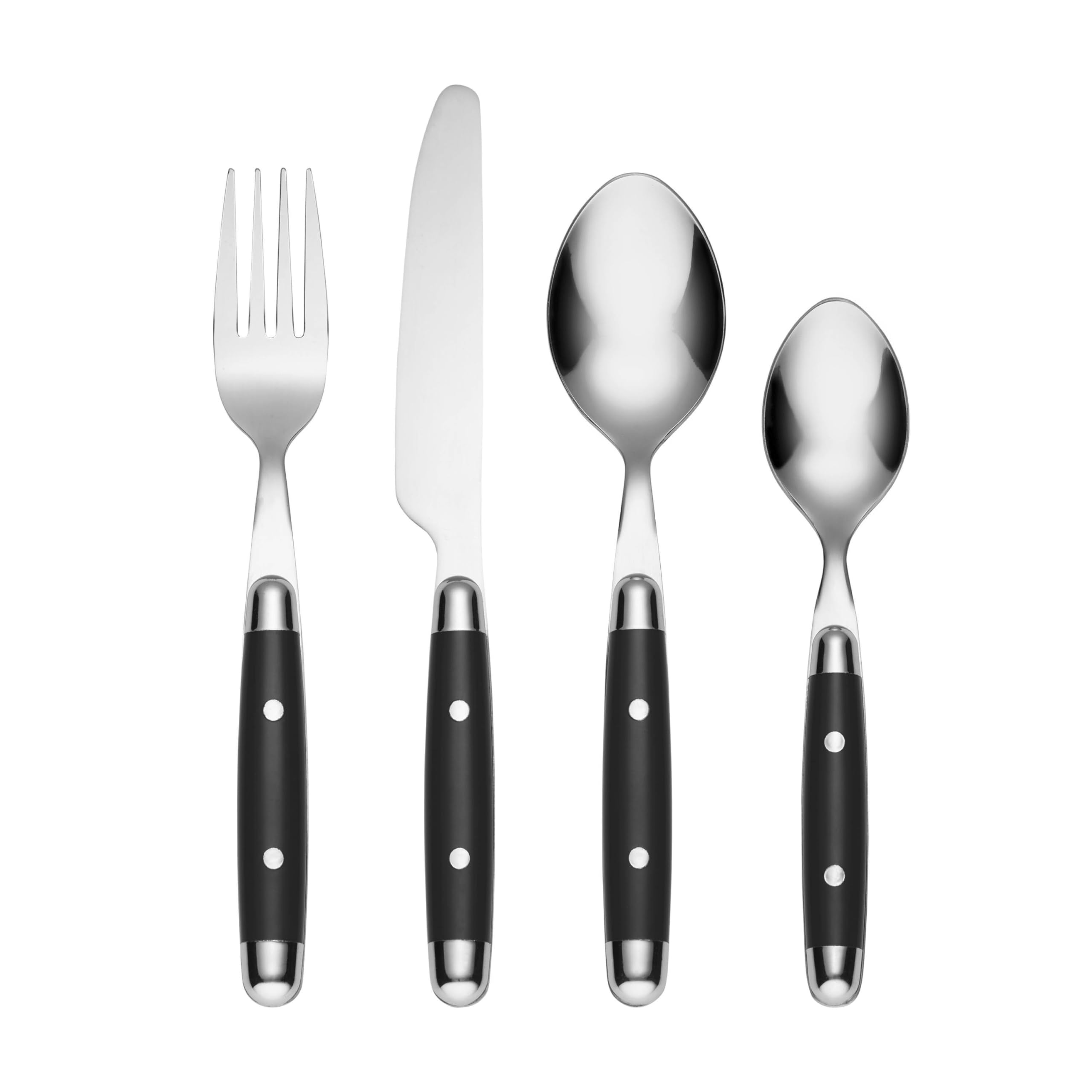 Front. Dazzed Corner - Silverware Set, 16-Piece Flatware Set, Service for 4, 18/0 Stainless Steel, Dishwasher Safe - Black.