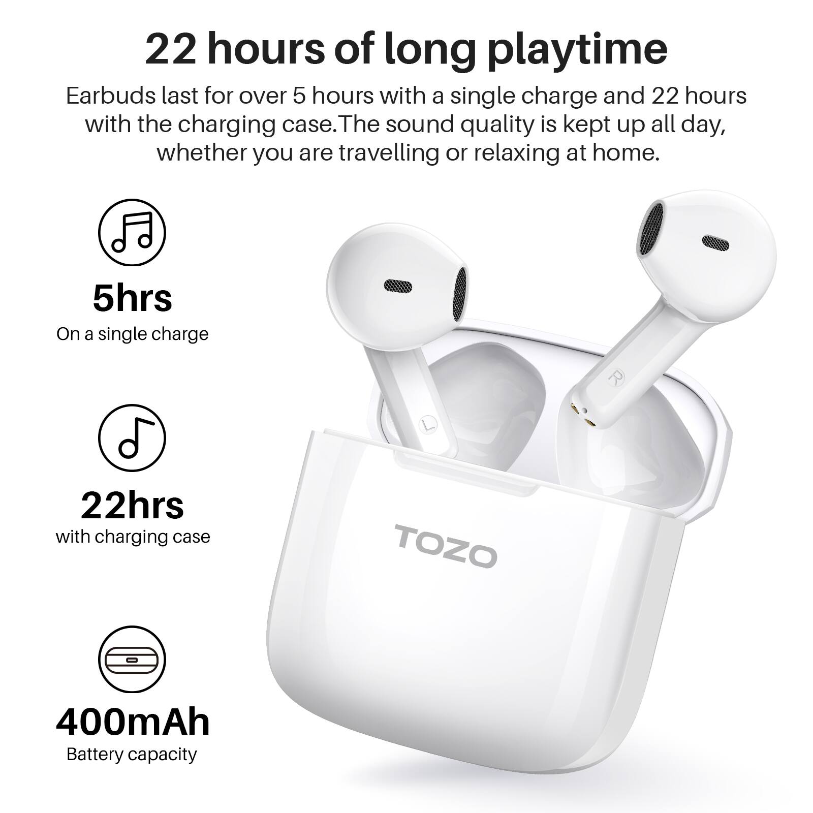 22 hours of long playtime
Earbuds last for over 5 hours with a single charge and 22 hours with the charging case. The sound quality is kept up all day, whether you are travelling or relaxing at home.
5hrs On a single charge
22hrs with charging case
TOZO
400mAh Battery capacity