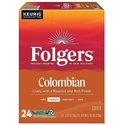 KEURIG GENUINE K-CUP PODS

Folgers
Proudly Roasted in New Orleans

Colombian
Lively with a Roasted and Rich Finish

Mild Medium Med-Dark Dark

24 K-Cup Pods
Coffee

Recyclable
24 - 0.31 oz (9g) EA
Net WT 7.61 oz (216g)
