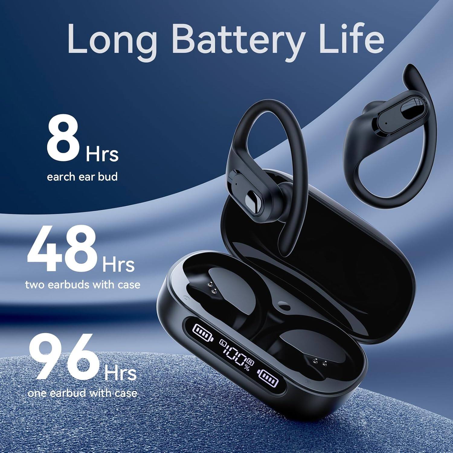Long Battery Life

8 Hrs  
earch ear bud

48 Hrs  
two earbuds with case

96 Hrs  
one earbud with case
