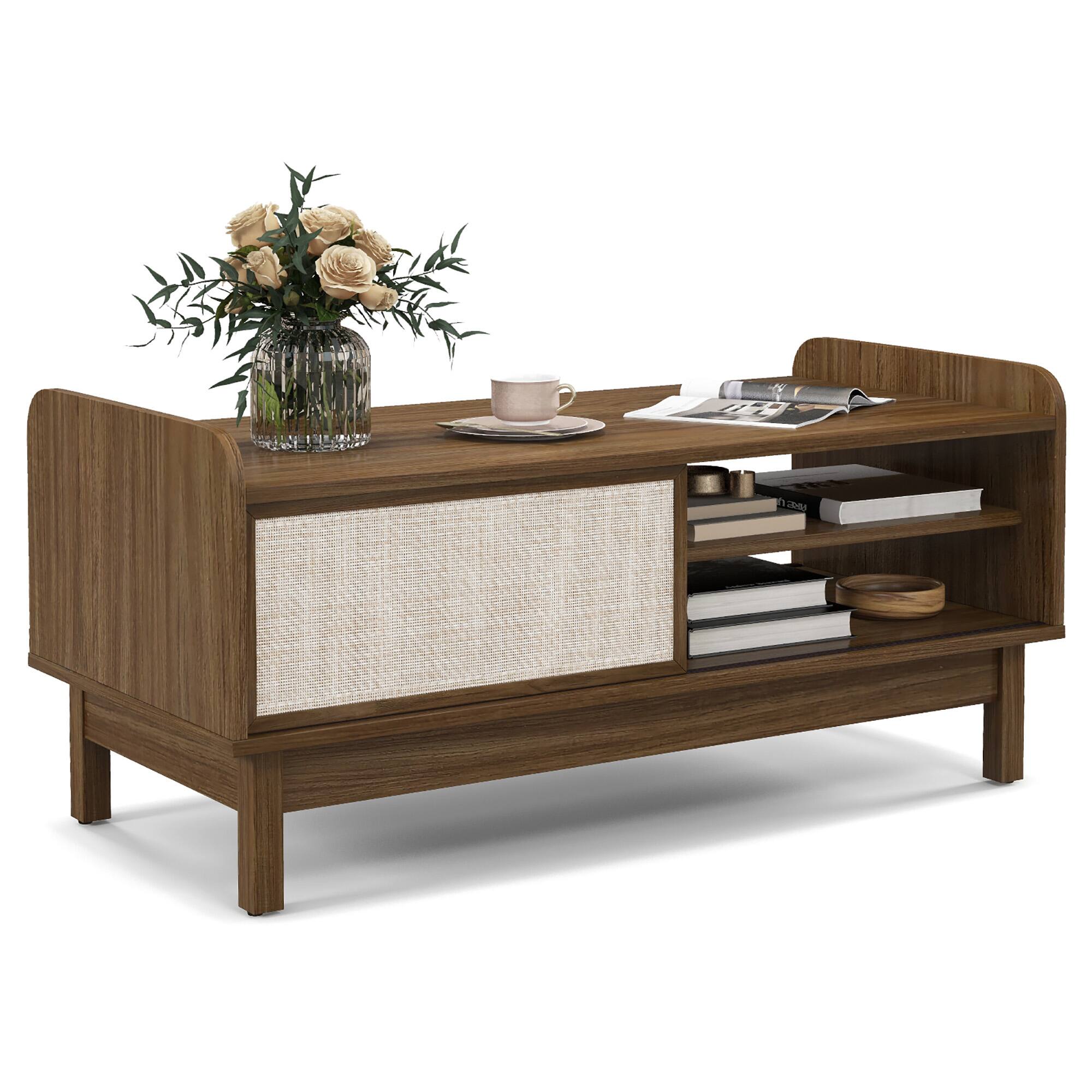 Gymax - Rectangular Coffee Table w/ Storage Weaving Sliding Door & Adjustable Shelf - Walnut