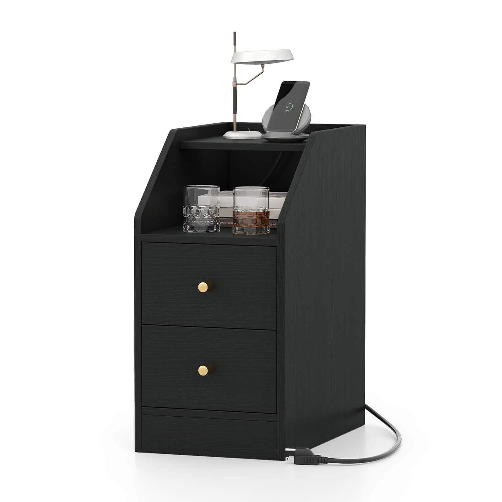 Costway - Side Table with Charging Station, Storage Drawers, Sofa Couch Table for Small Space - Black